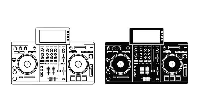 Dj controller equipment for music mixing and performance isolated on white background with black and white designs