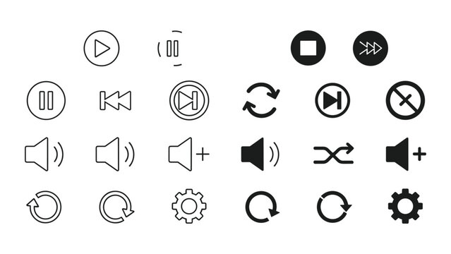 Collection of various media control icons for playback and volume adjustment on isolated white background
