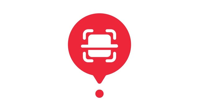 static motion graphic of red location pin icon with white face recognition symbol on white