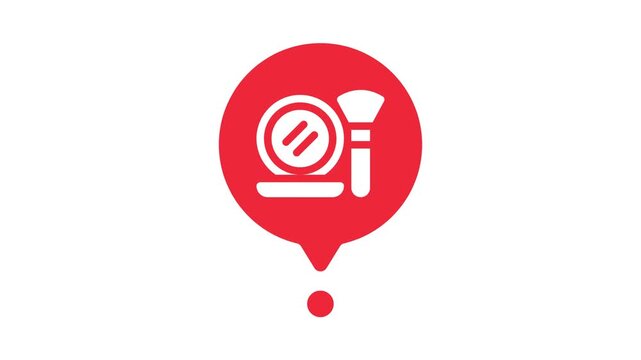 static close up of red location pin icon containing white makeup compact and brush symbols