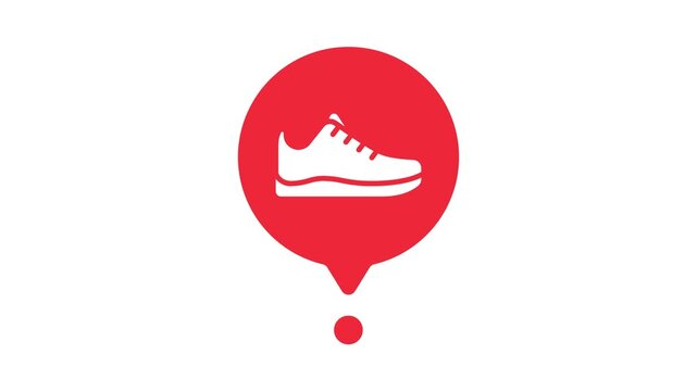 white sneaker running shoe icon inside red map pin location marker on plain white background