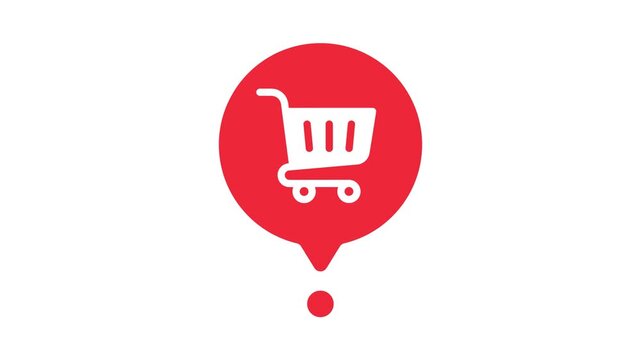 white shopping cart icon inside red location pin on white background minimalist graphic illustration