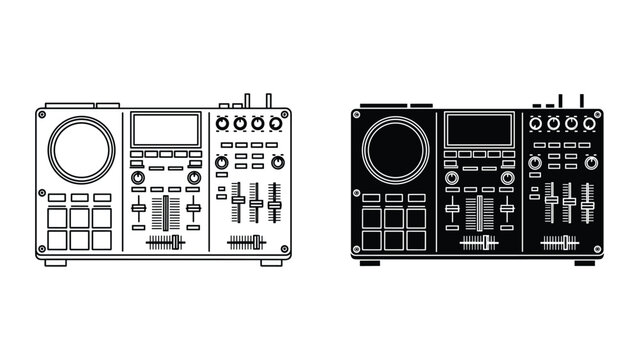 Detailed illustration of dj controller equipment in black and white line art on white background