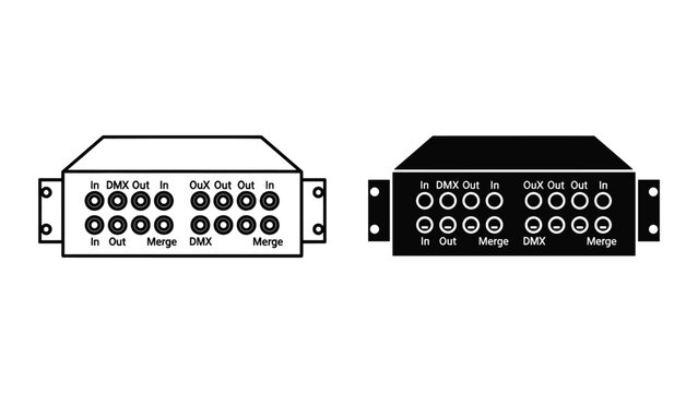 Two dmx512 lighting controllers with various input and output ports on a white background