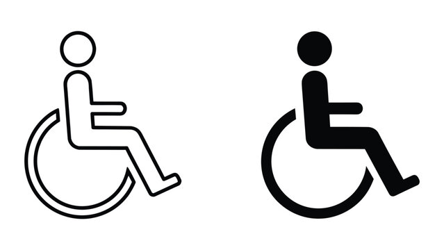 Black and white icons of people in wheelchairs for accessibility signs isolated on white background