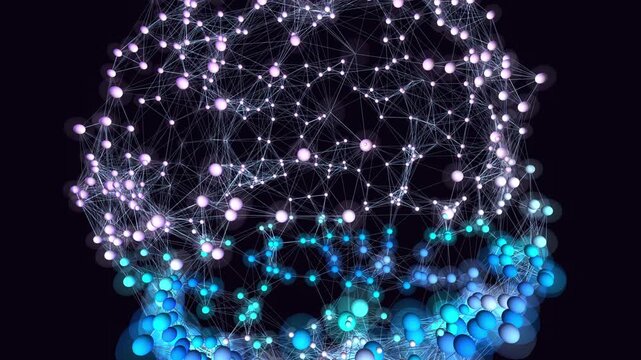 550 glowing halo nodes rotate in an aurora sphere. Scanner beam sweeps neon spectrum &mdash; soft pink to lavender, cyan, electric blue. Seamless loop for AI, neural network, and data visualization on dark 
