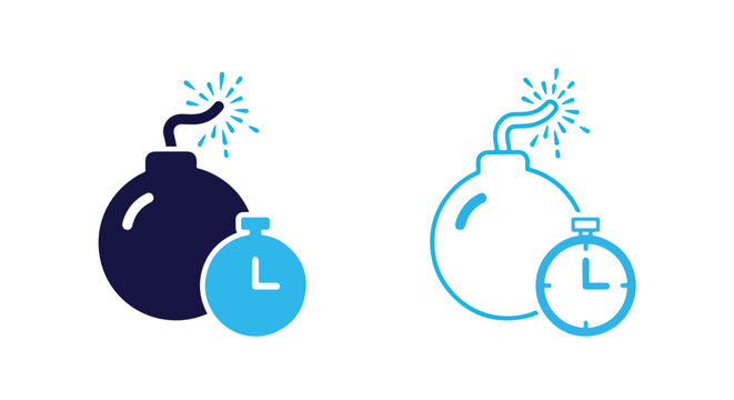 Explosive bomb with timer blue icon set: Solid vector icons - Clipart, sticker - icon set - Editable modern style icon