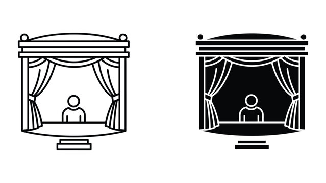 Vector illustration of a person on a stage with curtains and a proscenium arch in black and white line art