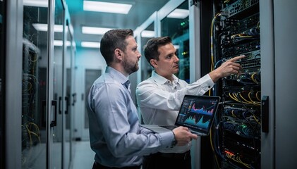 Fototapeta premium Two IT professionals collaborate in a data center, one pointing at server racks while the other holds a laptop displaying network performance graphs, conveying teamwork and technical expertise in a mo