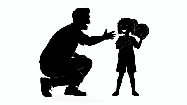 Black silhouette, father and child playing basketball, sports icon, family fun