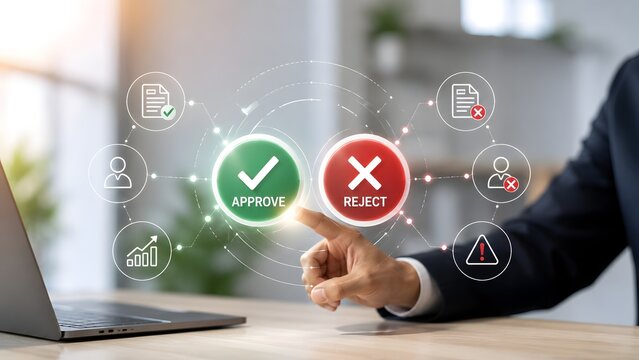 Professional businessman hand pointing at digital approve and reject buttons on virtual screen representing corporate decision workflow