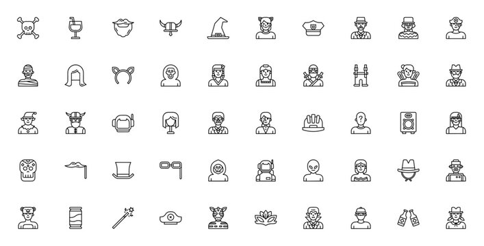 Costume party icon set. Halloween vector icons pack. Includes skull, drink, beard, viking helmet, witch hat, cat, police hat, magician, clown, pirate, mummy, wig, headband, ghost, boho, maid, ninja, f