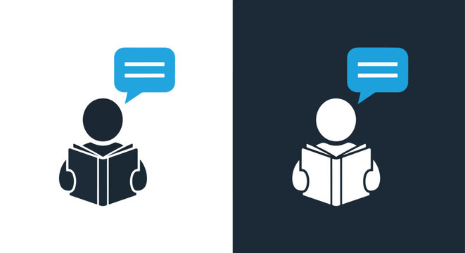 Person reading book with speech bubble icon: Clipart, sticker - icon set - Line and glyph solid icon and logo template 