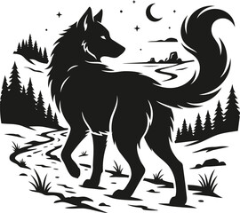 Obraz premium Black wolf silhouette looking back with a raised fluffy tail in a graphic stencil style illustration.