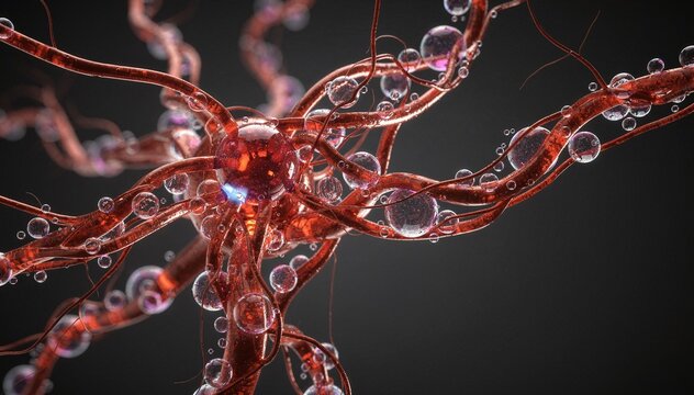 Abstract red neuron-like cell structure or microbial organism with dendrites and axons covered in clear spherical bubbles, pulsing with internal energy and light on a dark background, representing com