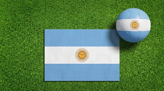 Argentina flag and soccer ball on green grass field background