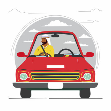 Man in traditional attire driving a red car