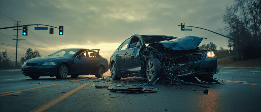 Two cars are involved in a crash at a city intersection. One car is heavily damaged, and the other is slightly impacted. Traffic lights are visible in the background