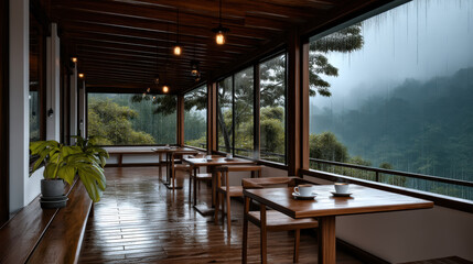 Fototapeta premium Modern wooden terrace with tables, chairs, coffee cups, lush rainforest view, misty atmosphere, large windows, peaceful and cozy mood