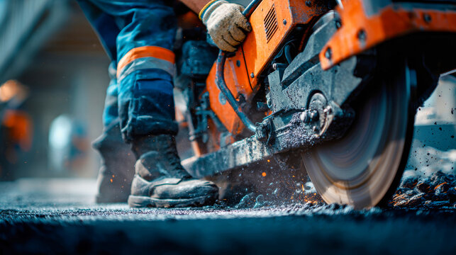 A worker uses a gas cutter to cut asphalt on a construction site in a city. Dust and debris are visible as the tool operates on the ground
