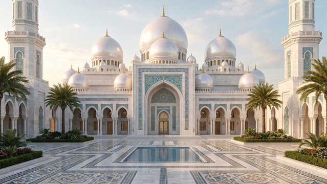 Luxury mosque exterior with intricate Islamic geometric patterns, shining white domes, open courtyard, peaceful daylight scene, realistic textures, symmetrical composition, cinematic perspective, ultr