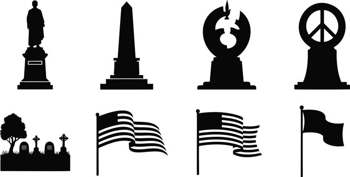 Black silhouette memorial gravestones monuments and flags vector illustration.