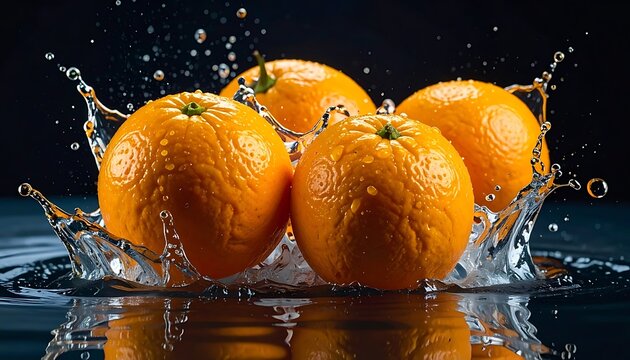 Vibrant oranges splashing in water with dynamic movement