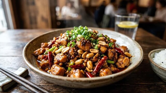 Authentic Kung Pao Chicken with Peanuts &ndash; Spicy Sichuan Chinese Food Photography, rich texture, fresh garnish and restaurant menu appeal, clean table presentation, soft natural light, flavorful