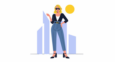 Stylish blonde woman in sunglasses stands confidently near abstract buildings © Centaurus