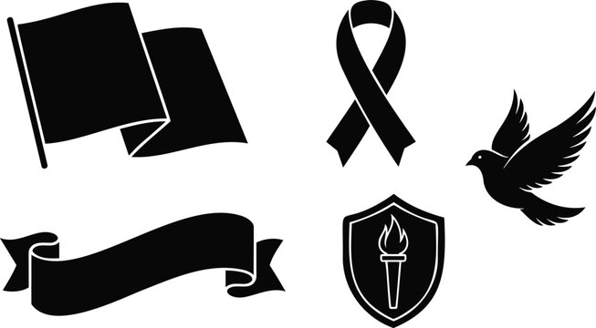 Flag ribbon shield torch flame dove silhouette symbols illustration vector.