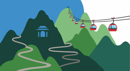 Scenic mountain view with winding path and red cable car cabins © Centaurus