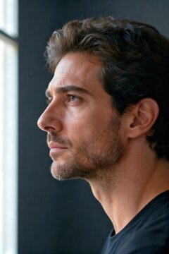 Serious young Italian man in a contemplative side profile headshot with dramatic soft window lighting.