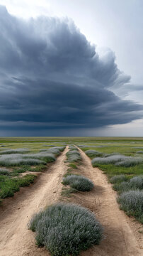 Dirt road steppe dramatic sky storm cloud green grass bush landscape horizon nature cloudy