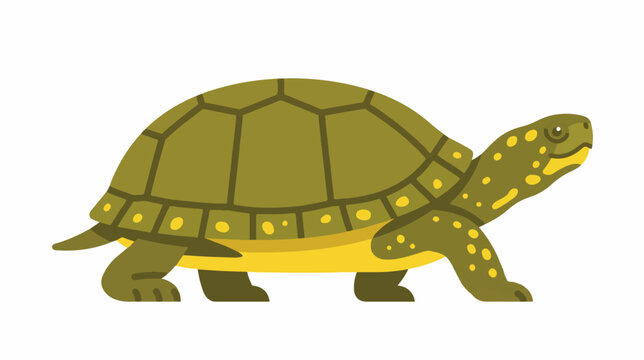 A stylized illustration of a green tortoise with yellow spots, walking