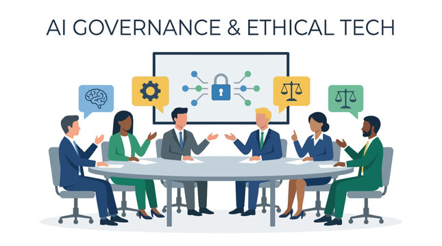 A diverse group of professionals discusses AI governance and ethical technology around a conference table with relevant icons displayed.