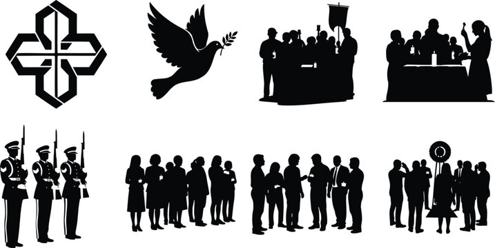 Symbolic silhouette illustrations peace dove, formal gathering, and procession.