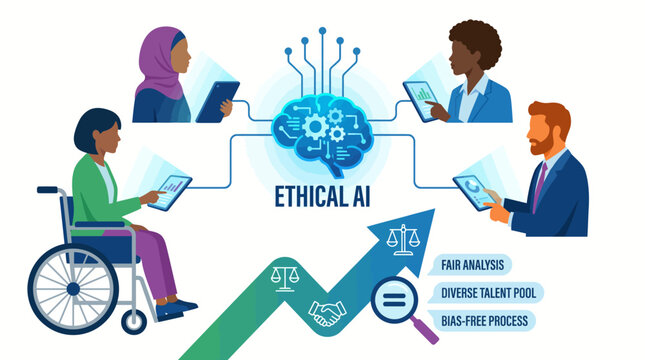 Diverse people connected to an ethical AI brain, emphasizing fair analysis, diverse talent, and bias-free processes for technological advancement.