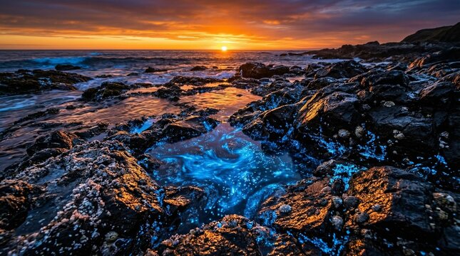 Bioluminescent blue glowing water in rocky coast tide pools during vibrant ocean sunset