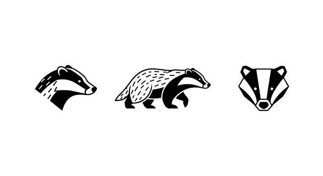 Three Black And White Badger Head Illustrations.