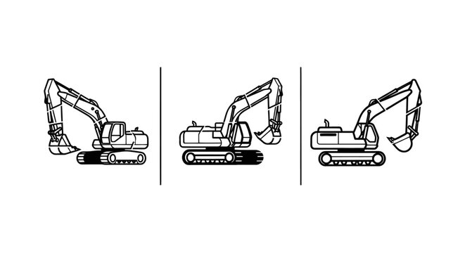 Three Construction Excavators Side View Illustration.