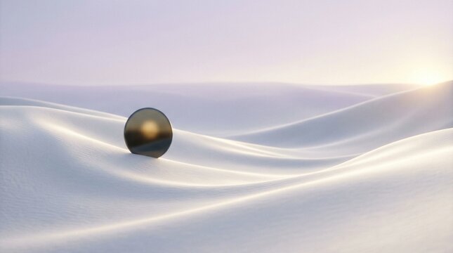 Minimalist landscape of white sand dunes with metallic sphere reflecting golden evening sun