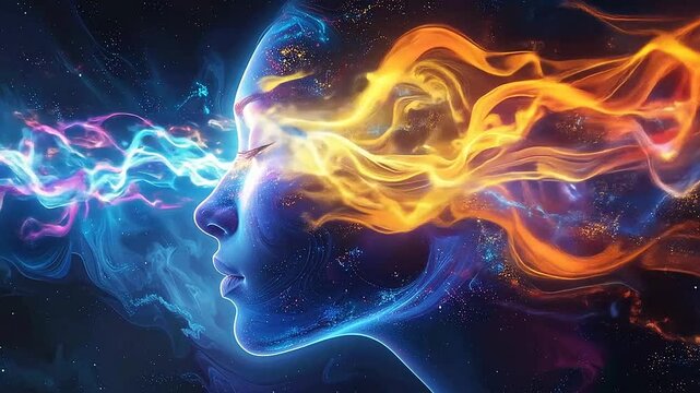 A profile view of a human face with flowing cosmic energy