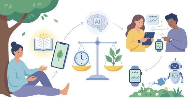 A visual representation of balancing technology with nature and mindfulness for sustainable living and personal well-being.