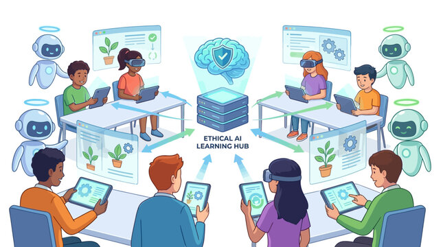 Children and young adults learning about ethical AI in a futuristic classroom setting with robots and holographic displays.