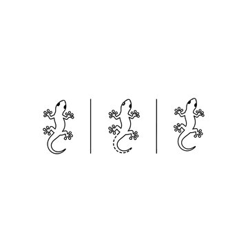 Three black and white gecko lizard line art illustrations.