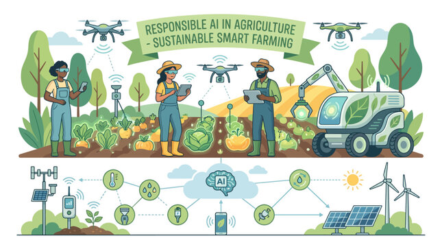 Illustration of responsible AI and sustainable smart farming practices with farmers, drones, robots, and renewable energy.