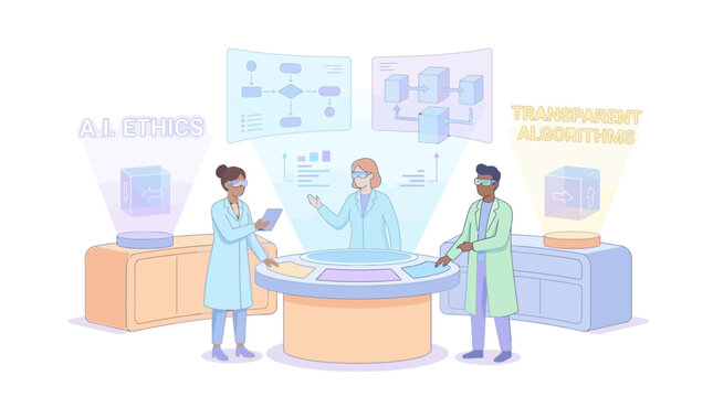 Three scientists in a futuristic lab discussing AI ethics and transparent algorithms using holographic interfaces.