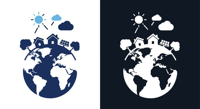 Earth globe with solar panels and houses: Clipart, sticker - icon set - Line and glyph solid icon and logo template 