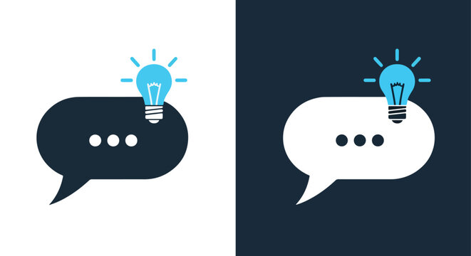 Speech bubble with glowing idea lightbulb: Glyph and solid icon set - Icon vector - Editable line icons. Vector illustration