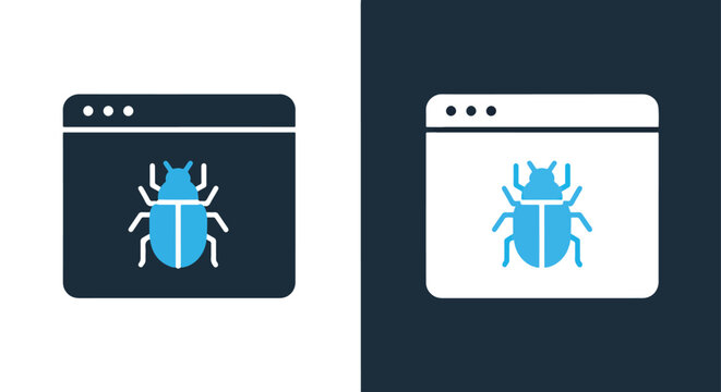 Browser window with blue virus icon: Glyph and solid icon set - Icon vector - logo icons. Blue, Black and white icons